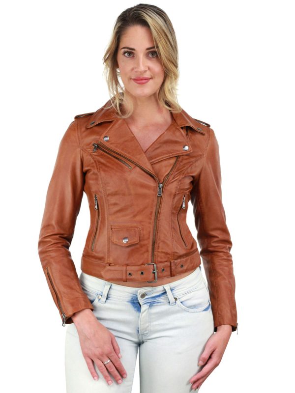 Dames leren jas met riem cognac Versano 350